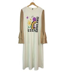 SHEIN CURVE Keep Smiling Graphic Ruffle Sleeve Maxi Lounge Dress Sz 1X